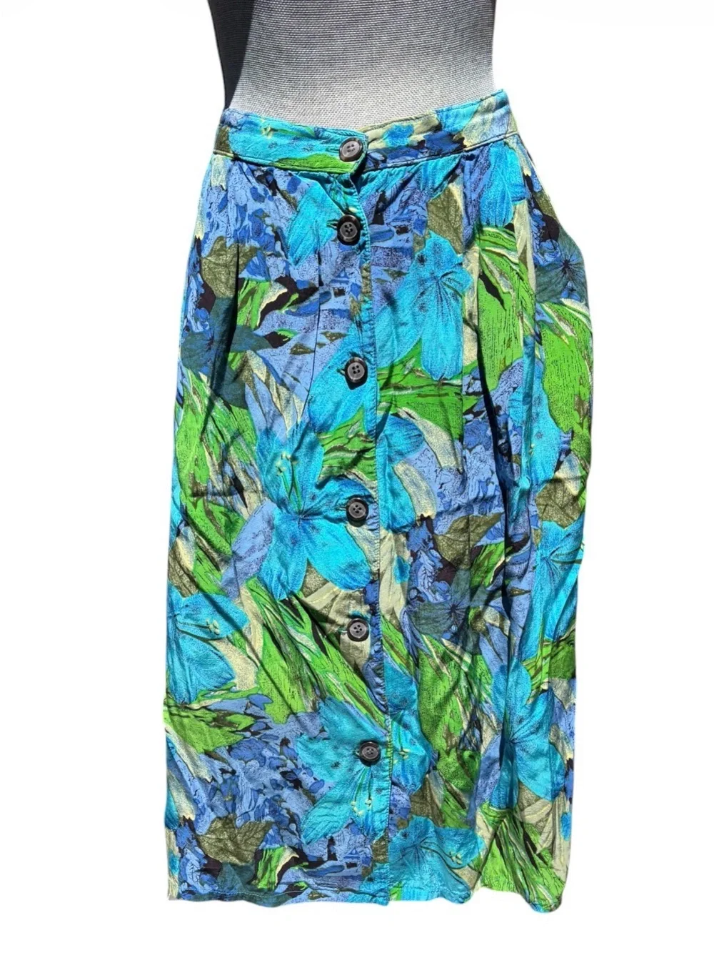 Vintage Lyceene Floral Button-Down Midi Skirt Blue Green M Resort Maximalist